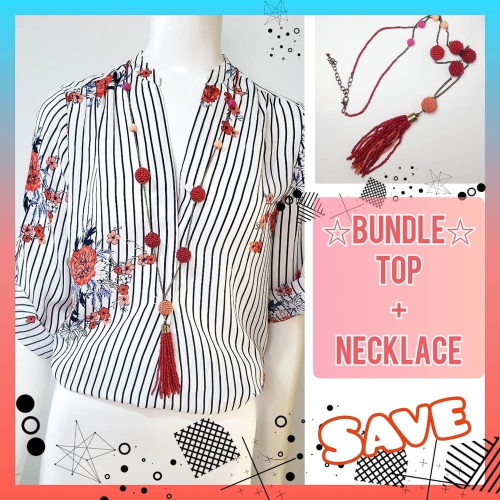 LOT OF X2🍒Roses Blue Striped Top| Vintage Beaded Tassel Long Necklace